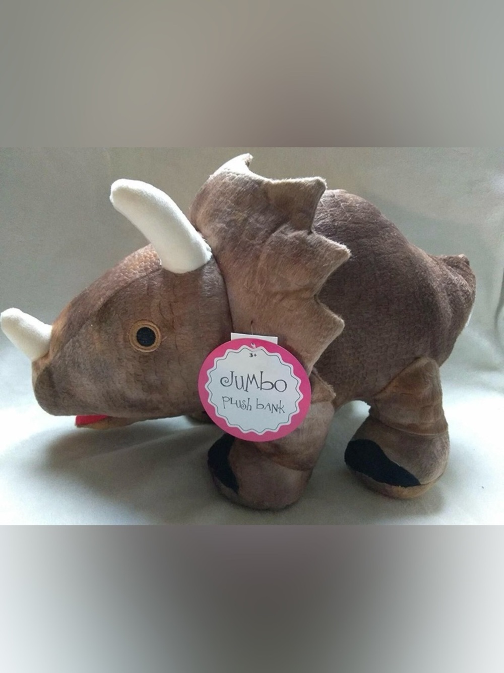 Jumbo Large Plush Brown Dinosaur Triceratops Piggy Bank 16 Inches Long by FAB NY